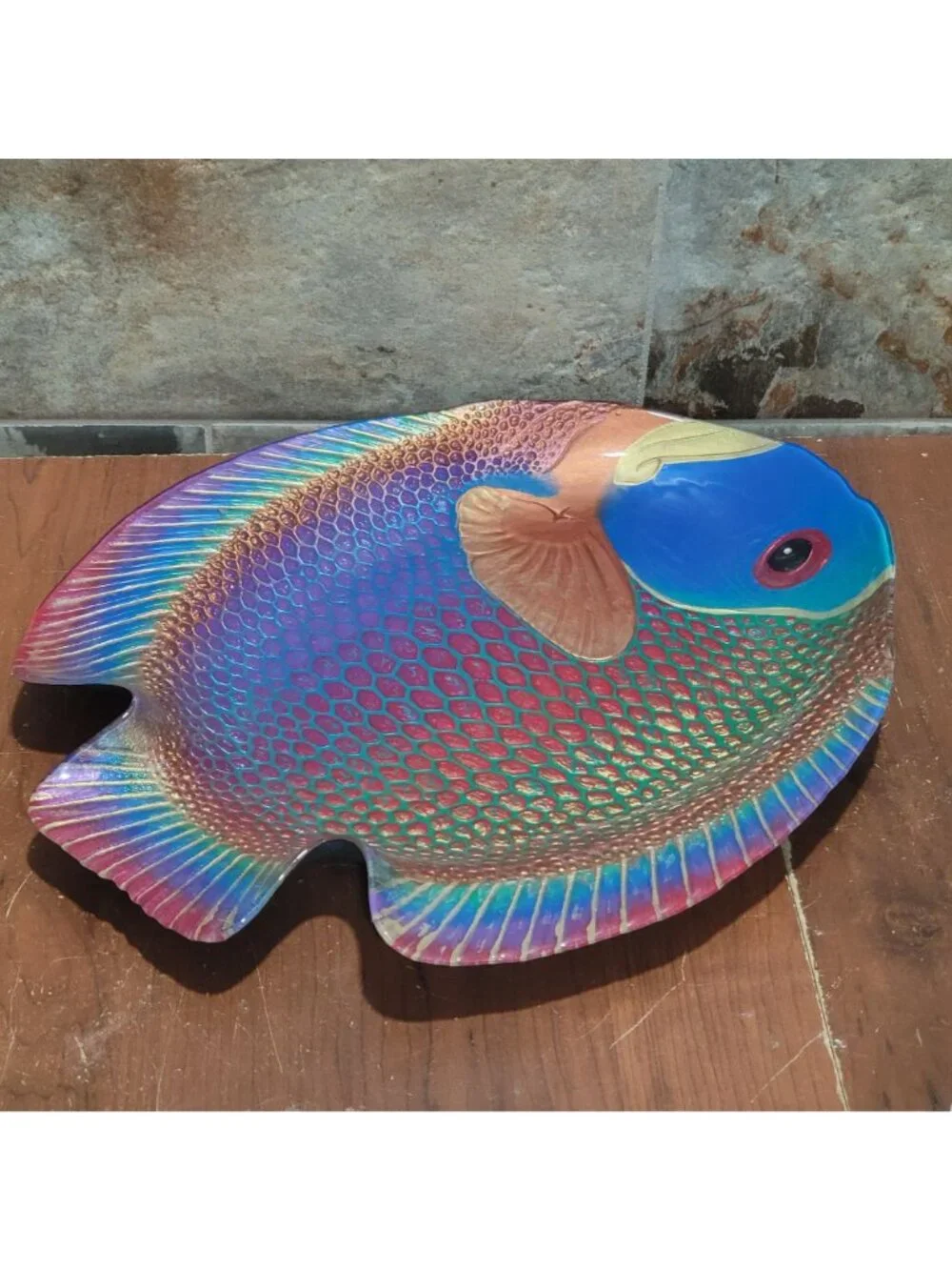 Iridescent Glass Parrotfish Decorative Tray Signed SOIF CD Mathis Large Serving